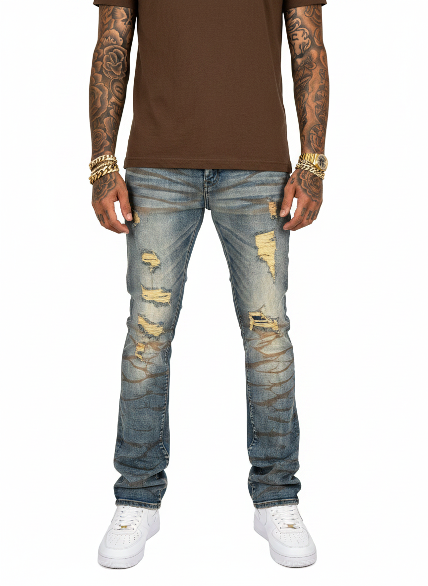 VICIOUS JEANS RIP & REPAIR PREMIUM WASH FLARE DENIM