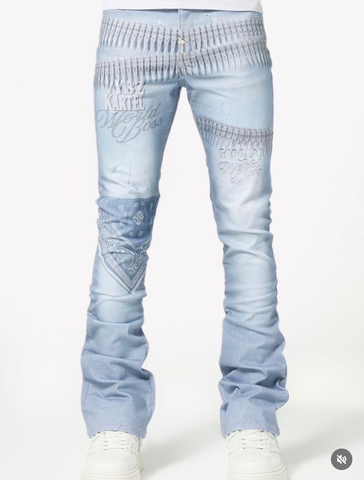Guapi light wash stacked jeans with bandana patchwork