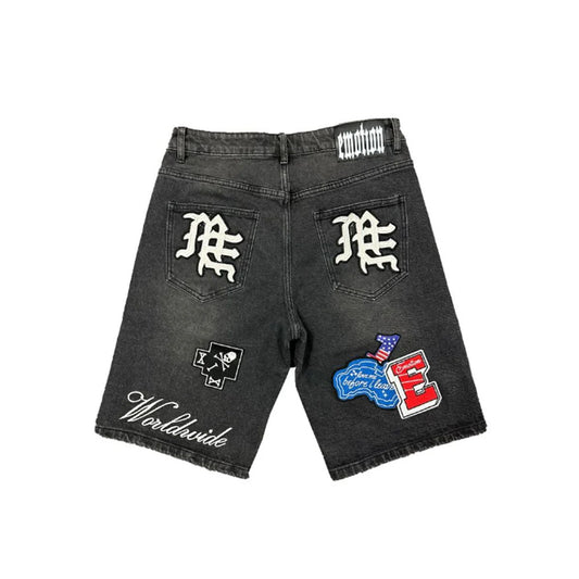 MIXED EMOTION DANGER BLACK DENIM PATCH SHORTS