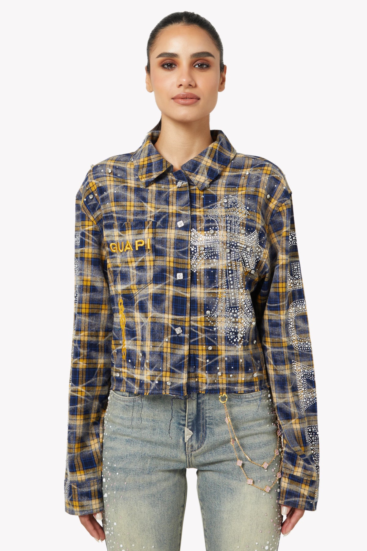 GUAPI Navy Gold Cropped Flannel