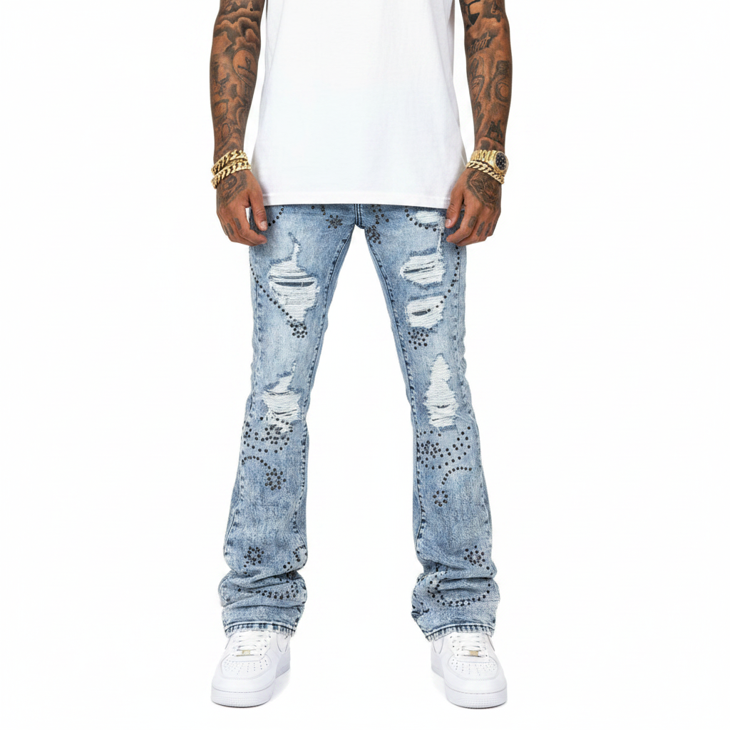 VICIOUS JEANS EMBELLISHED FLARE DENIM / WITH LIGHT STUDED