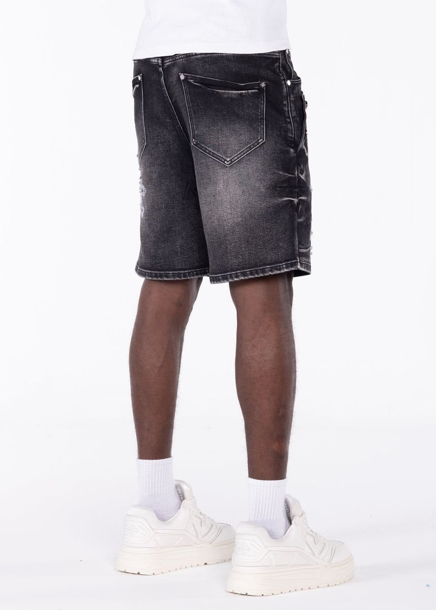 GUAPI Obsidian Black Faded Cross Denim Shorts