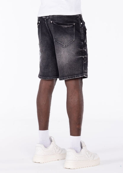 GUAPI Obsidian Black Faded Cross Denim Shorts