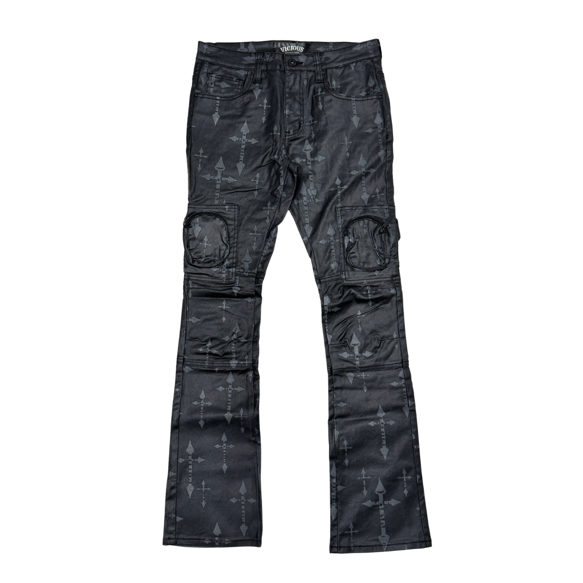VICIOUS JEANS WAX COATED AND CROSS PRINTED FLARE DENIM