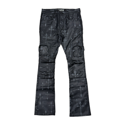 VICIOUS JEANS WAX COATED AND CROSS PRINTED FLARE DENIM