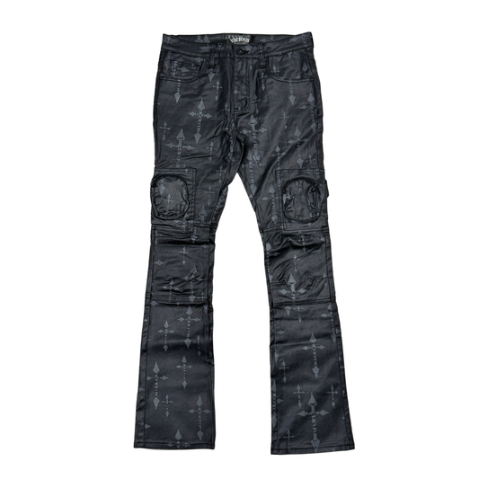VICIOUS JEANS WAX COATED AND CROSS PRINTED FLARE DENIM