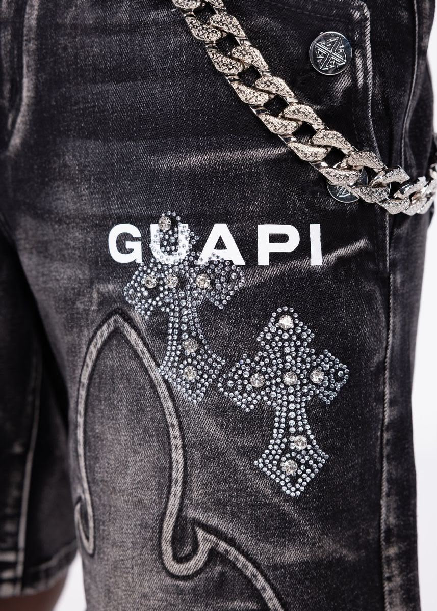 GUAPI Obsidian Black Faded Cross Denim Shorts