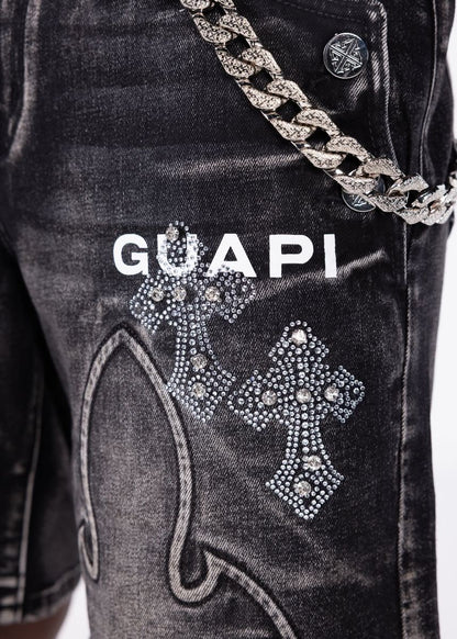 GUAPI Obsidian Black Faded Cross Denim Shorts