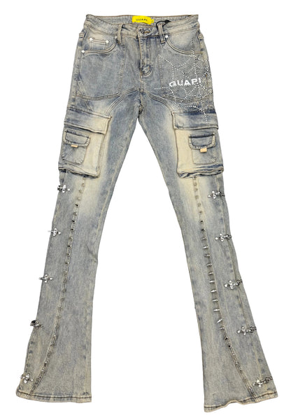 GUAPI Obsidian Light Denim Spikes Cargo Denim