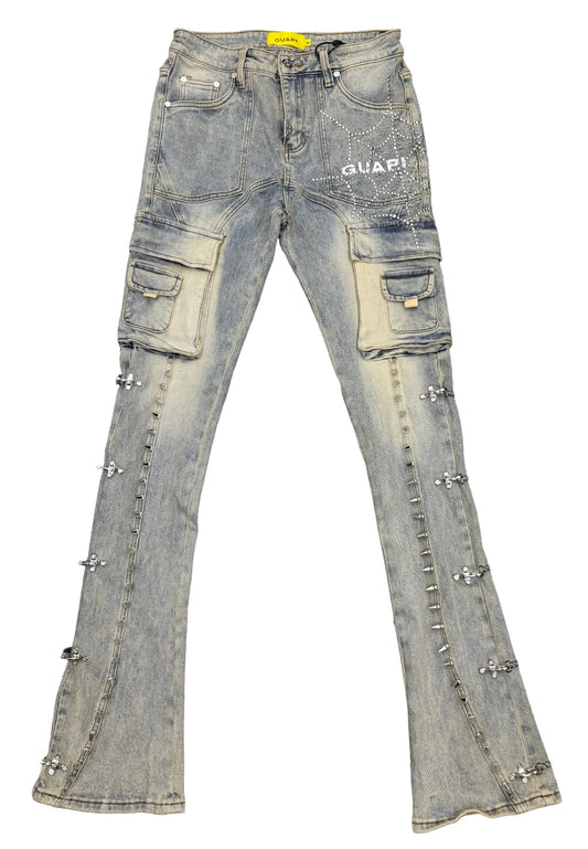 GUAPI Obsidian Light Denim Spikes Cargo Denim