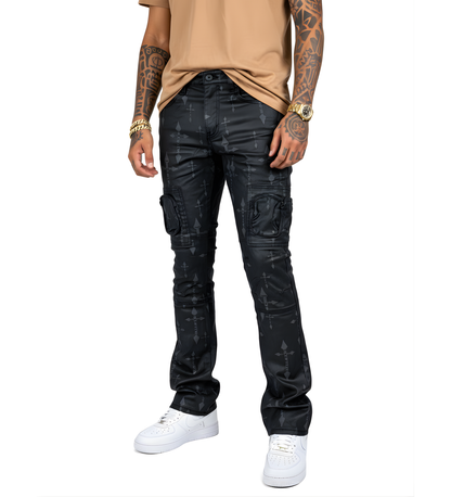 VICIOUS JEANS WAX COATED AND CROSS PRINTED FLARE DENIM