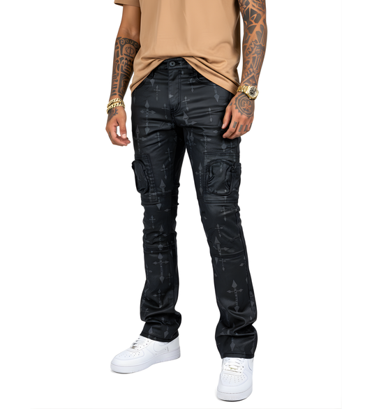VICIOUS JEANS WAX COATED AND CROSS PRINTED FLARE DENIM