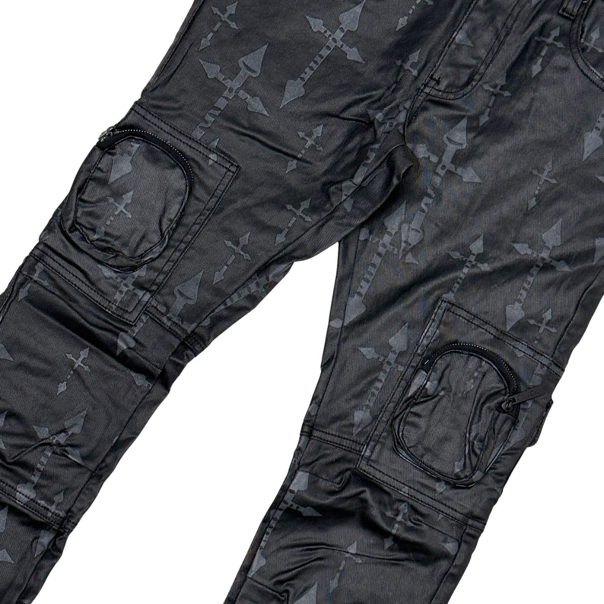 VICIOUS JEANS WAX COATED AND CROSS PRINTED FLARE DENIM