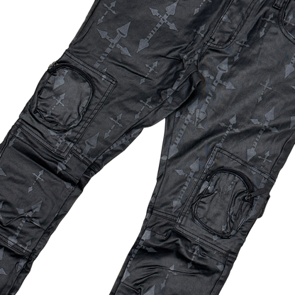 VICIOUS JEANS WAX COATED AND CROSS PRINTED FLARE DENIM
