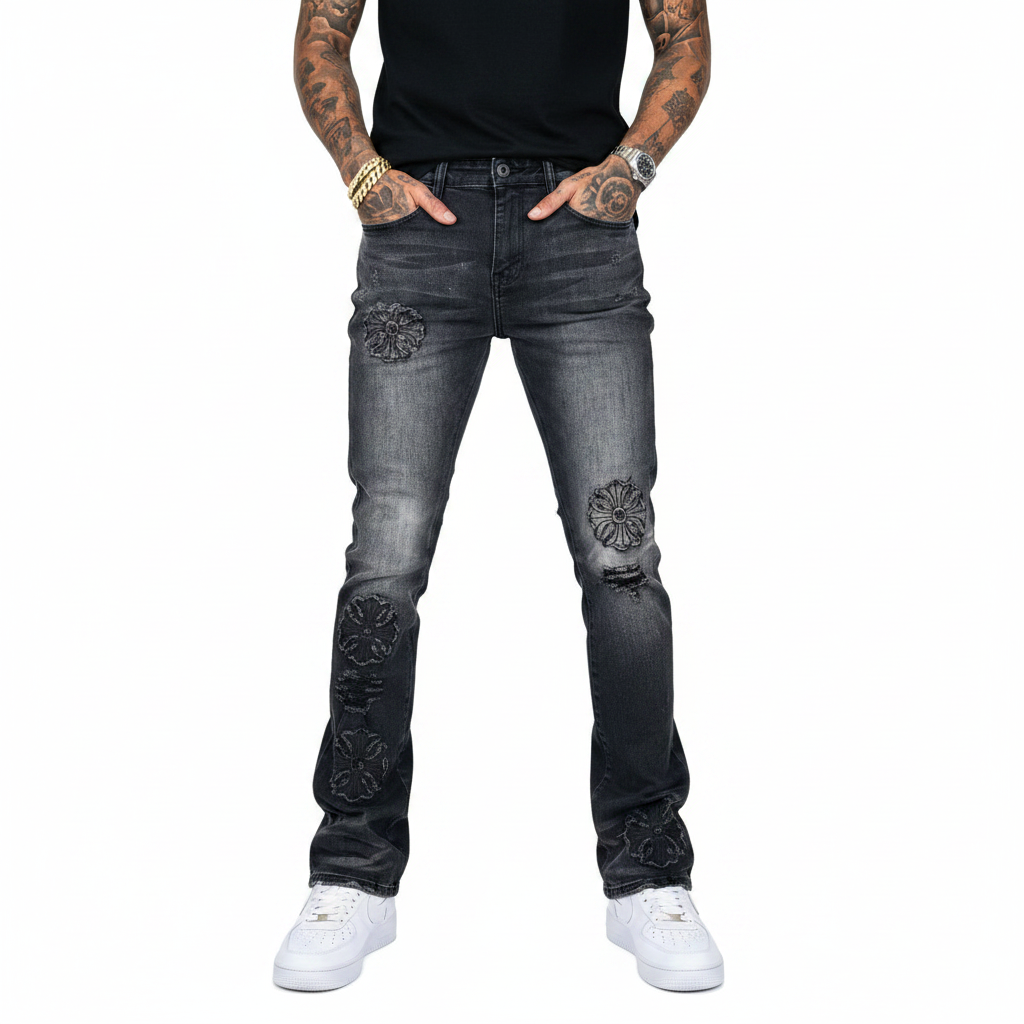 VICIOUS JEANS PREMIUM FLARED DENIM WITH ARTWORK ALL OVER