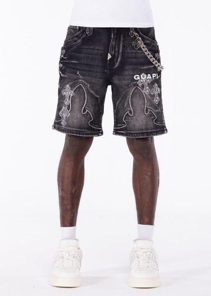 GUAPI Obsidian Black Faded Cross Denim Shorts