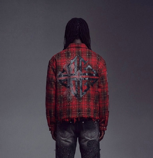 GUAPI BLOOD RED PLAID STUDDED BUCKLE SHIRT
