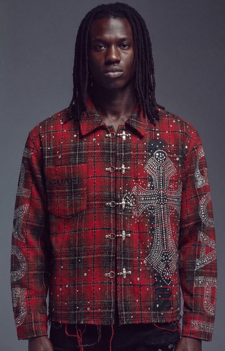 GUAPI BLOOD RED PLAID STUDDED BUCKLE SHIRT