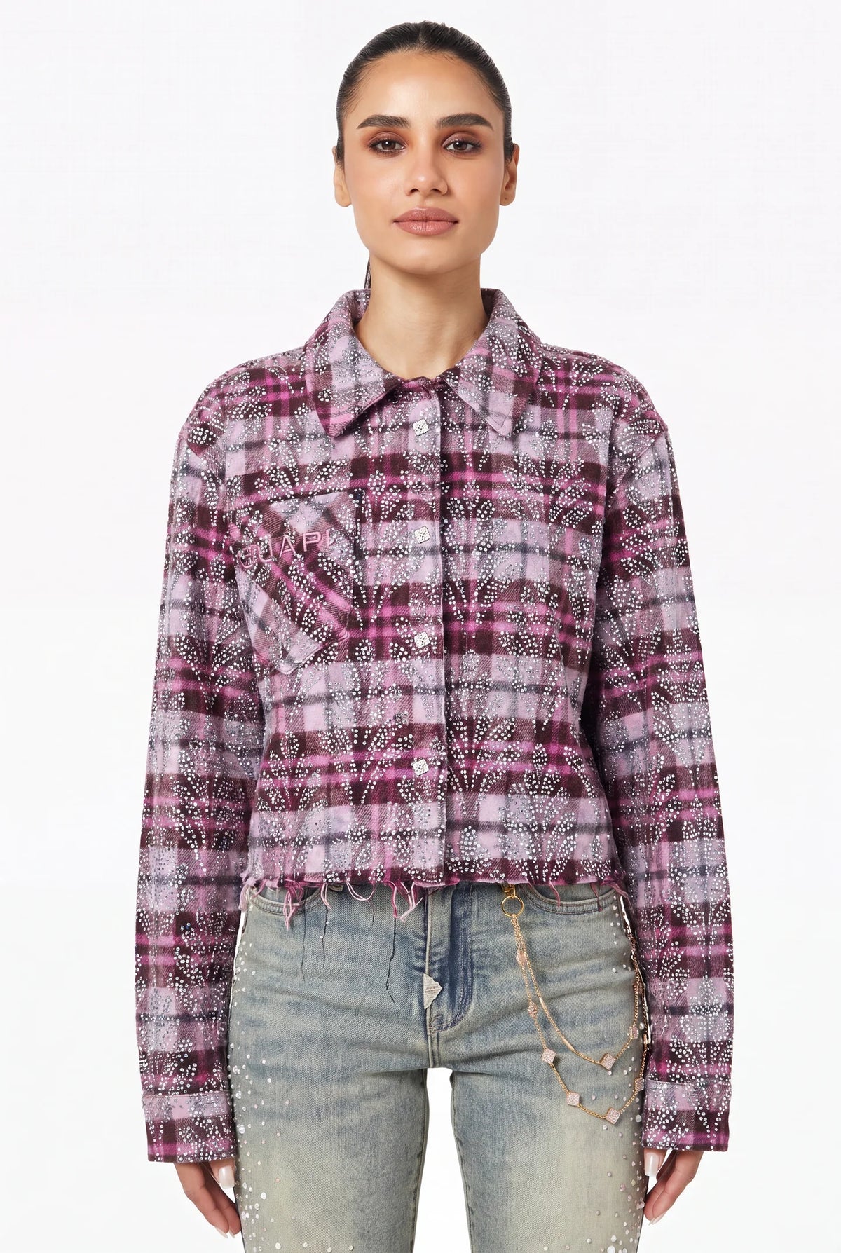 GUAPI Rose Embellished Cropped Flannel