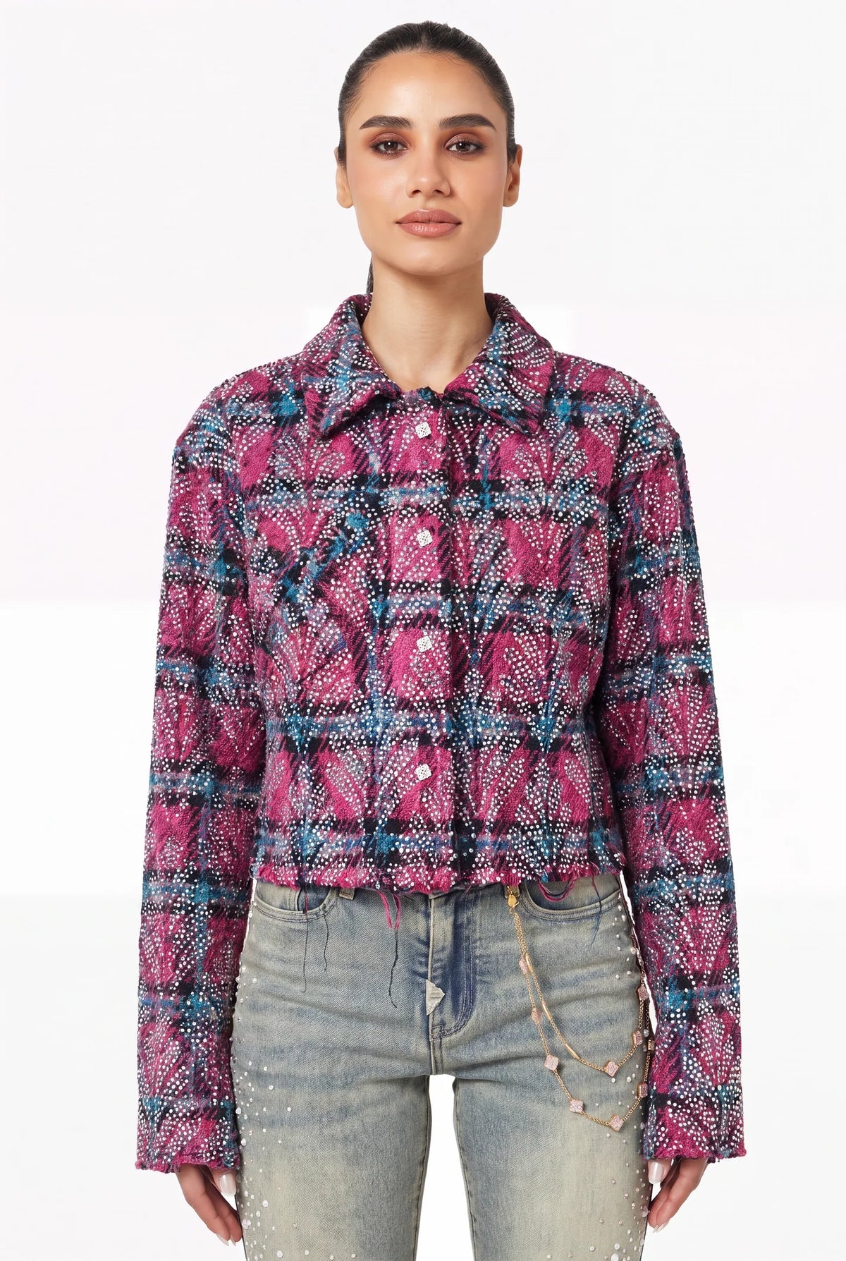 GUAPI Cotton Candy Embellished Cropped Flannel