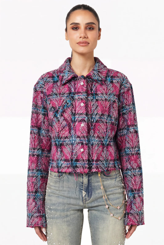 GUAPI Cotton Candy Embellished Cropped Flannel