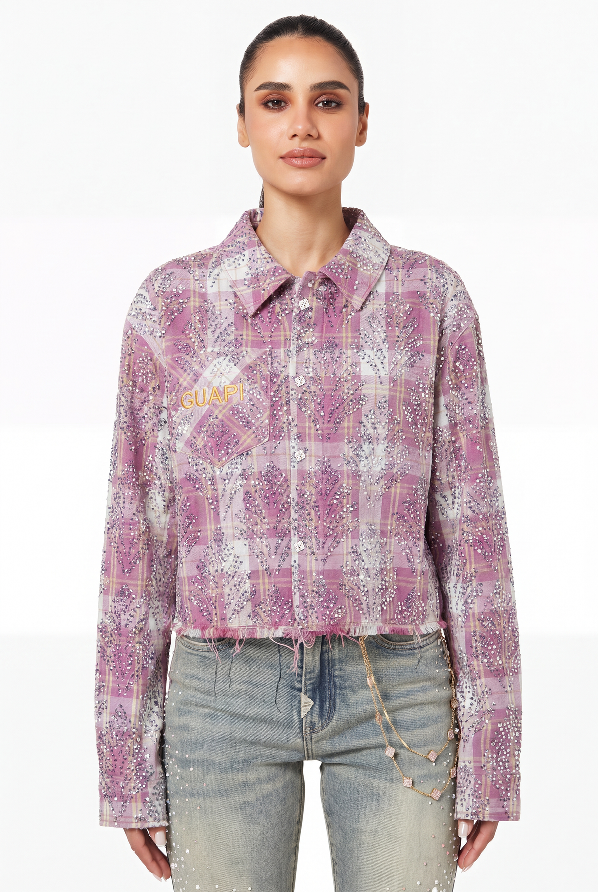 GUAPI Pink Embellished Cropped Flannel