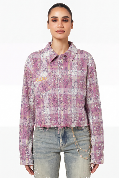 GUAPI Pink Embellished Cropped Flannel