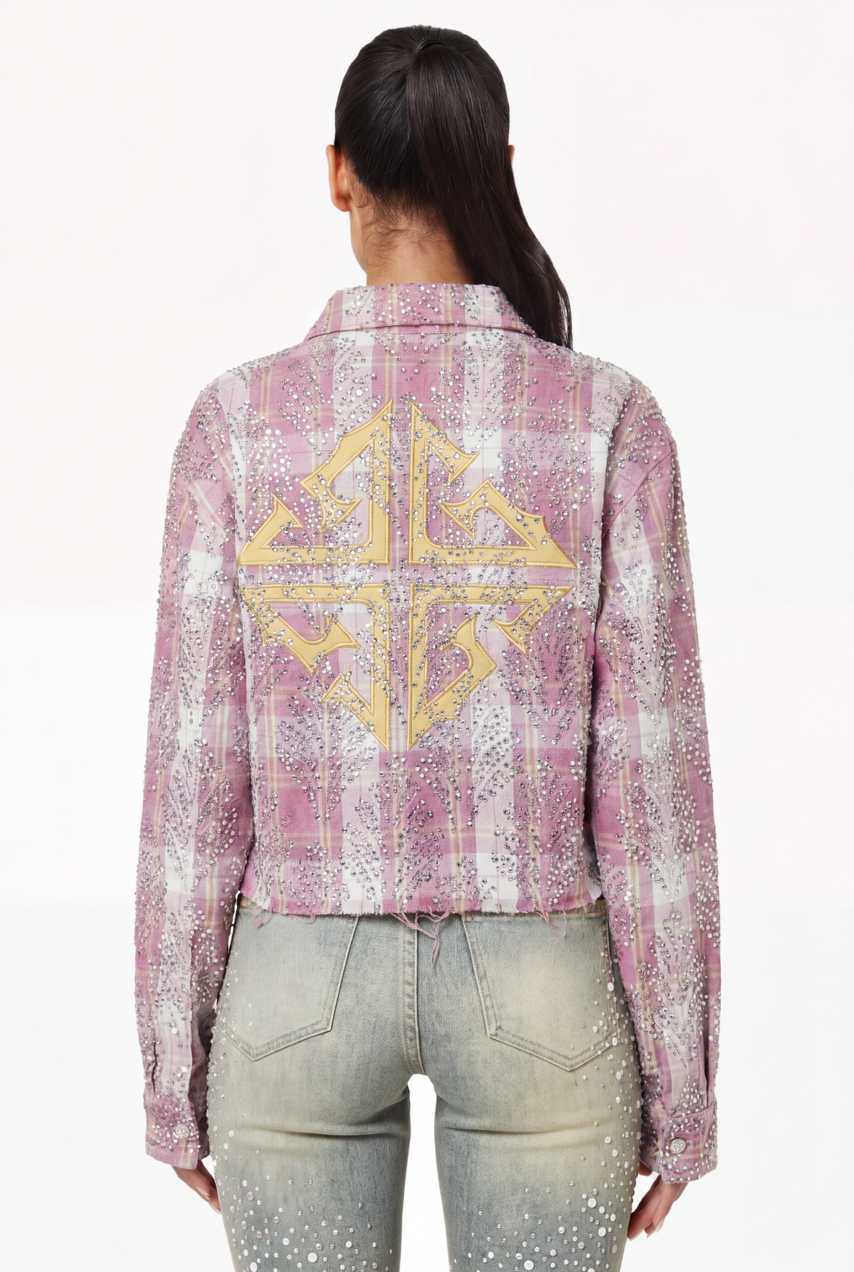 GUAPI Pink Embellished Cropped Flannel