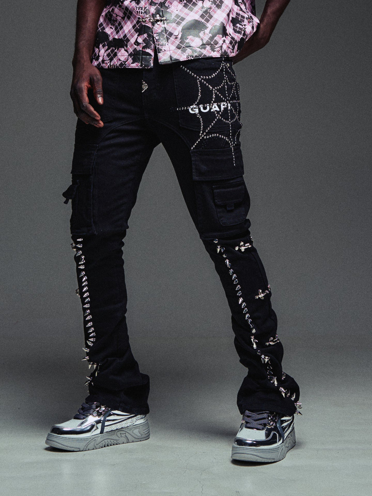GUAPI Obsidian Black Spikes Cargo Denim