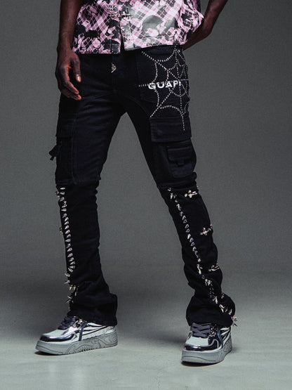 GUAPI Obsidian Black Spikes Cargo Denim