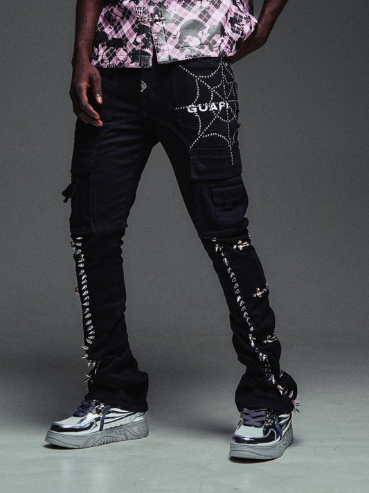 GUAPI Obsidian Black Spikes Cargo Denim