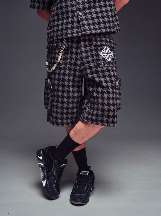 GUAPI Black Houndstooth Furry Shorts