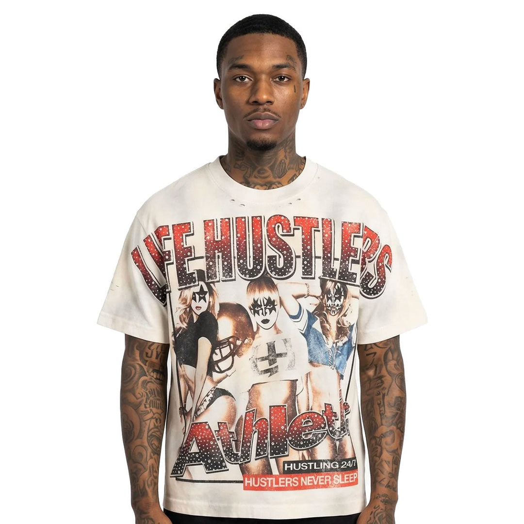 LIFE HUSTLERS  FOOTBALL GIRLS RHINESTONE TEE (CREAM)
