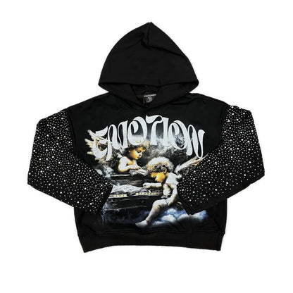 MIXED EMOTION FALLEN ANGEL RHINESTONE BLACK HOODIE WITH