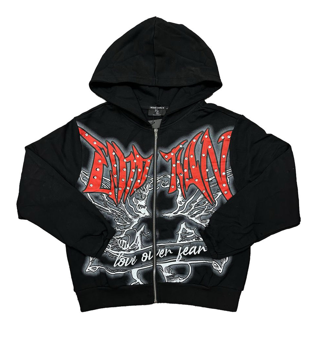 MIXED EMOTION GRAFFITI RHINESTONE HOODIE BLACK