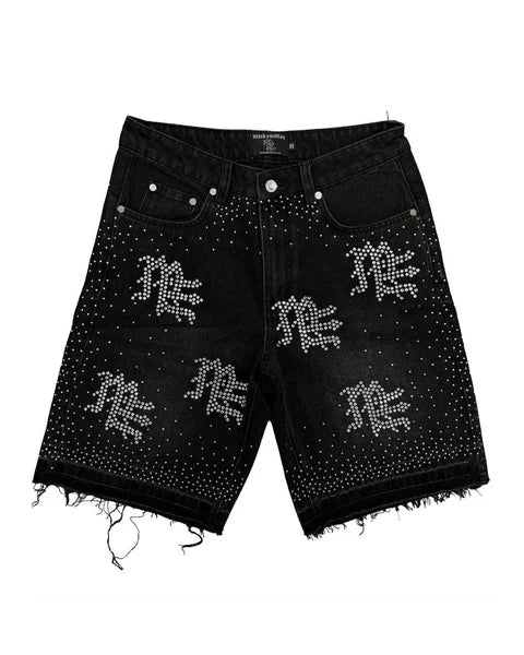 MIXED EMOTION ME RHINESTONE DENIM SHORT BLACK