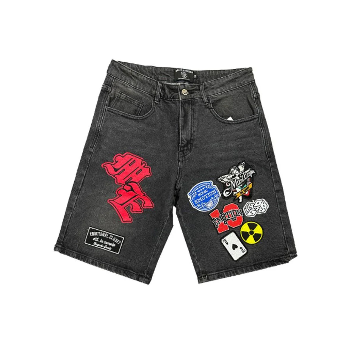 MIXED EMOTION DANGER BLACK DENIM PATCH SHORTS