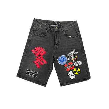 MIXED EMOTION DANGER BLACK DENIM PATCH SHORTS
