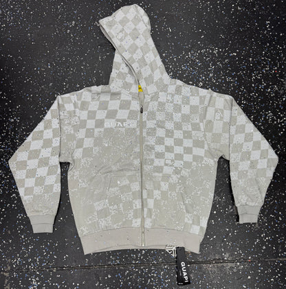 GUAPI gray and white checkered zip-up hoodie