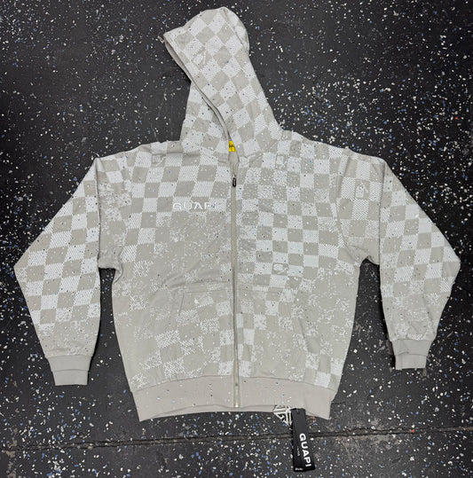 GUAPI gray and white checkered zip-up hoodie