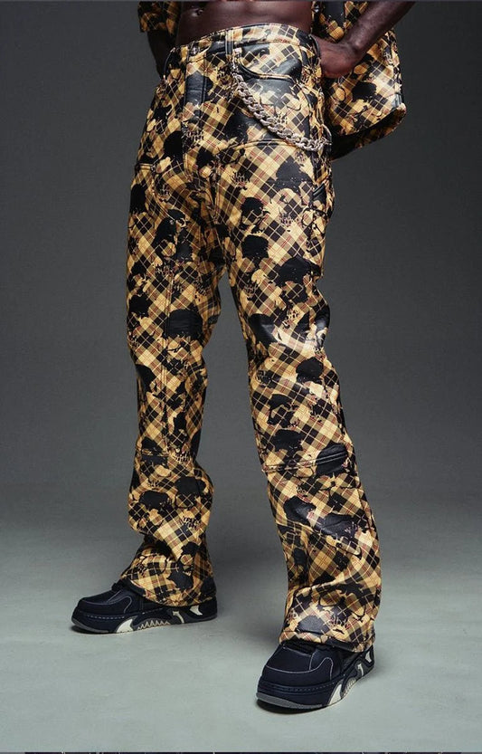GUAPI GOLD SKULL PLAID LEATHER PANTS