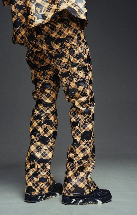 GUAPI GOLD SKULL PLAID LEATHER PANTS