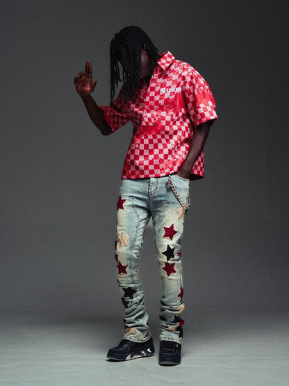 GUAPI Blood Red Checkerboard Leather Shirt V2