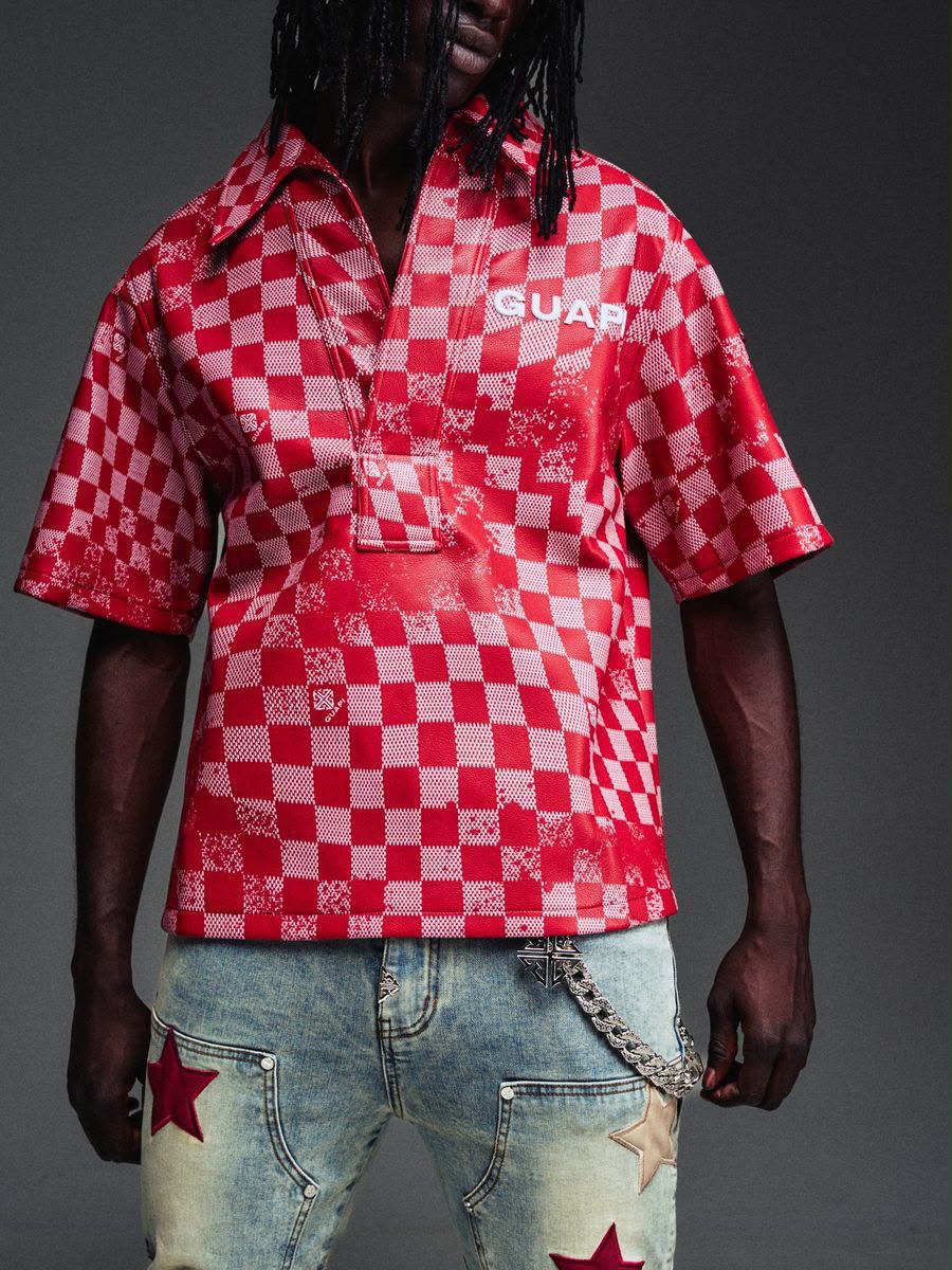 GUAPI Blood Red Checkerboard Leather Shirt V2