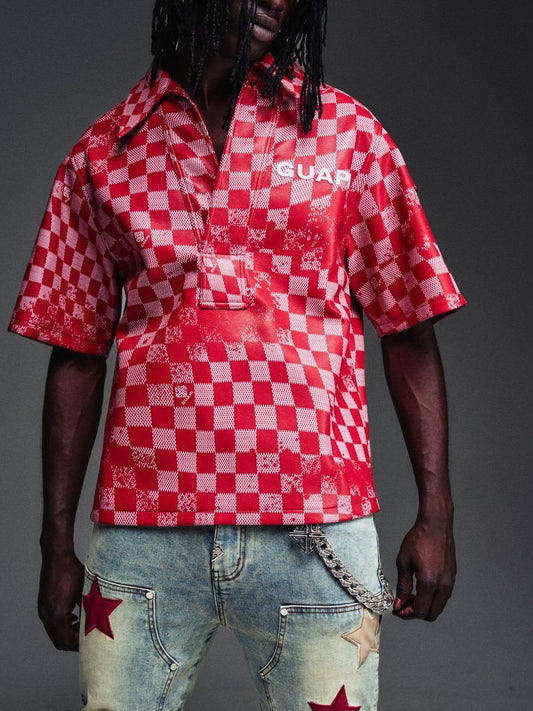 GUAPI Blood Red Checkerboard Leather Shirt V2