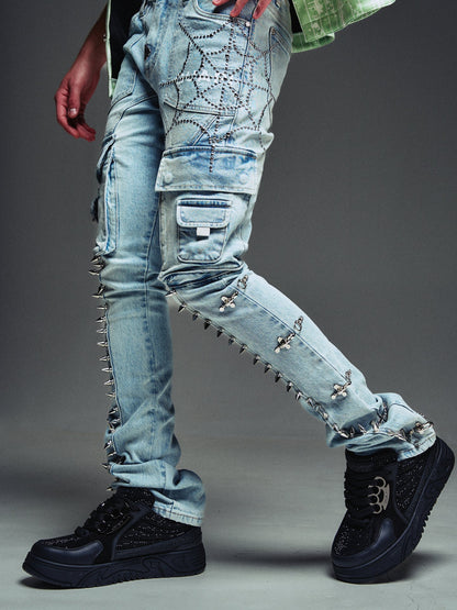 GUAPI Aqua Blue Spikes Cargo Denim