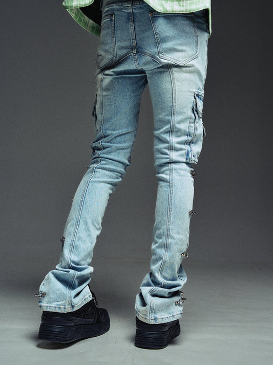 GUAPI Aqua Blue Spikes Cargo Denim
