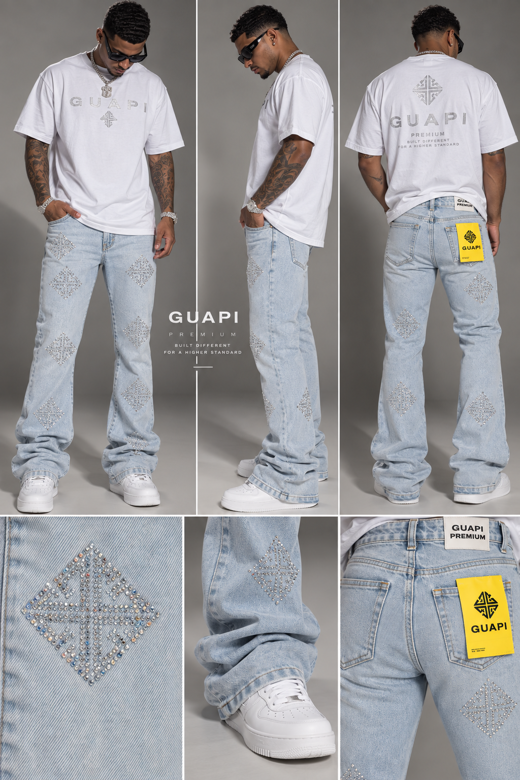 GUAPI AQUA BLUE ICON EMBELLISHED DENIM