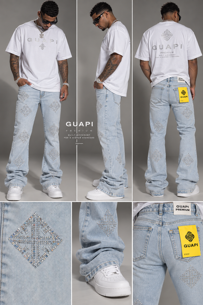 GUAPI AQUA BLUE ICON EMBELLISHED DENIM