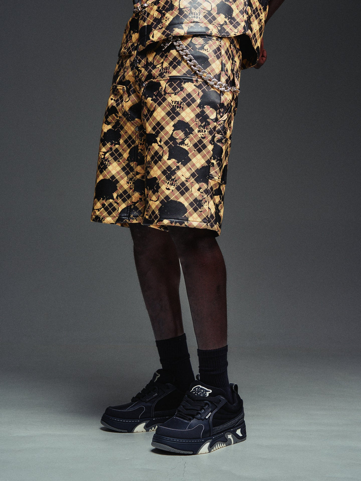 Guapi Gold Skull Plaid Leather Shorts